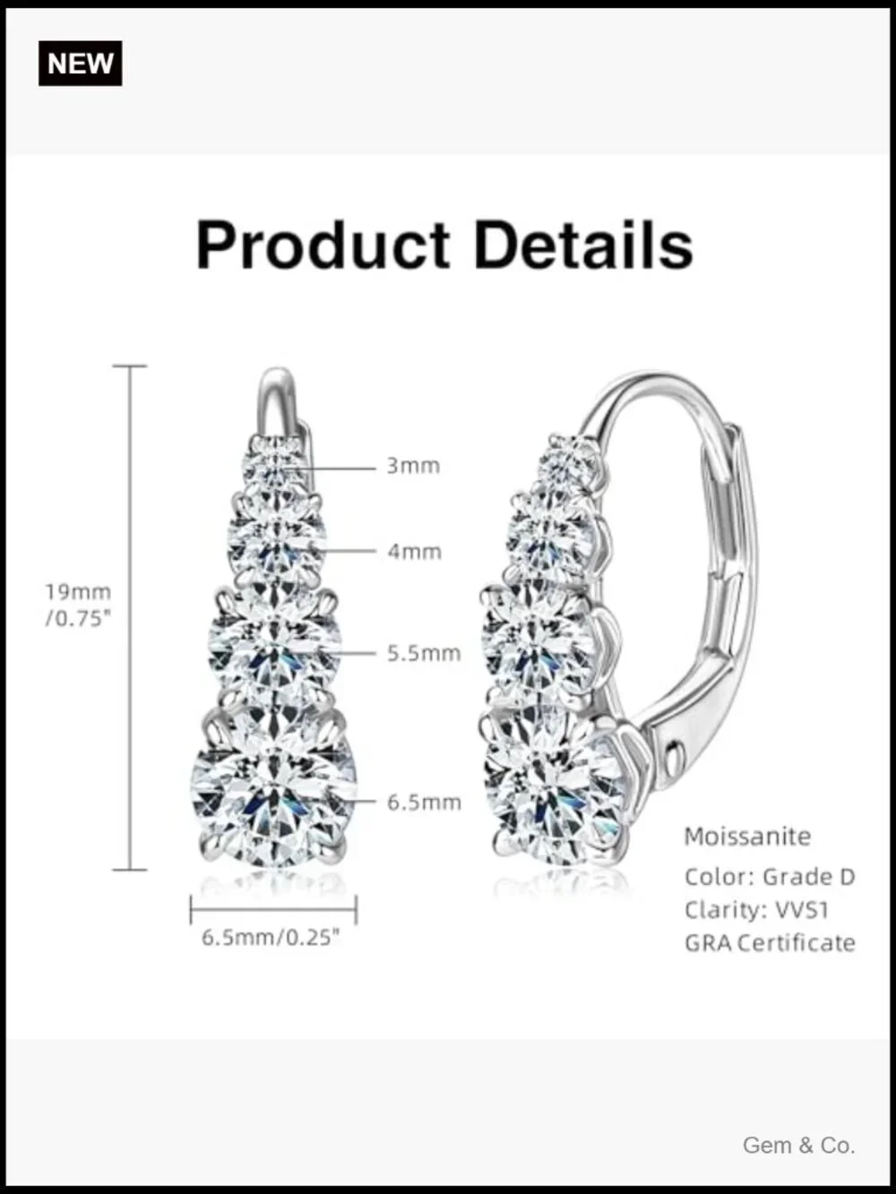 4 Stone Moissanite Hoop Earrings, 925 Sterling Silver Leverback Drop - Picture 6 of 7